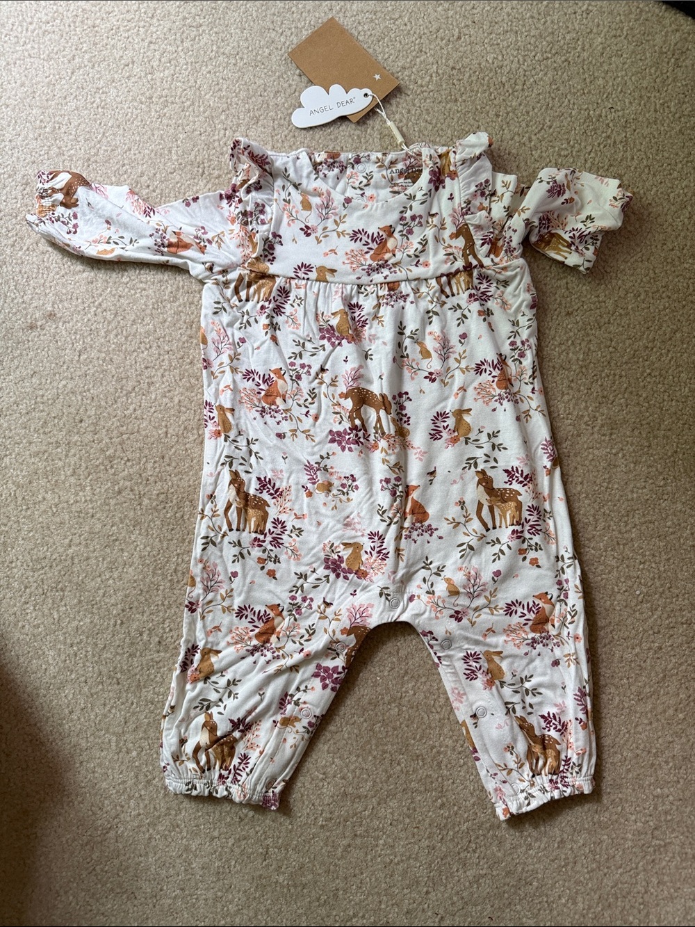 Angel Dear Cream One-Piece with Pink Floral & Brown Deer Motif
